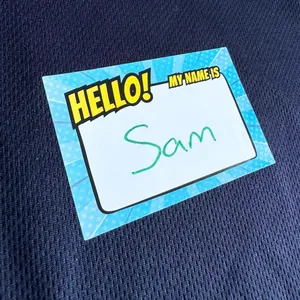Detailed view of comic style writable name tag sticker with 'HELLO! MY NAME IS' text