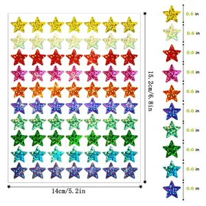Detailed view of holographic glitter star stickers sheet with dimensions 14x15.2cm and 0.6in stars