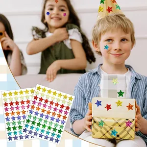 Colorful holographic star stickers applied on gift boxes and children's faces at a party scene.