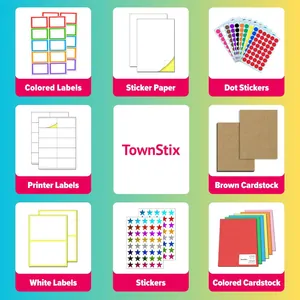 Selection of various stationery products including colored labels, sticker paper, and cardstock.