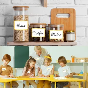 Gold-bordered writable labels shown on kitchen storage jars and as kids' name tags