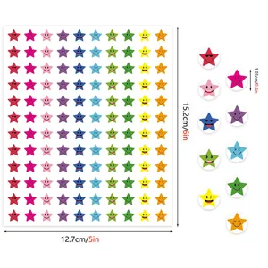 Detail view showing dimensions of colorful star emoji sticker sheets for classroom gifts
