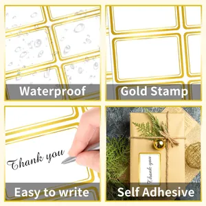Detailed view of gold-bordered writable labels highlighting waterproof and self-adhesive features