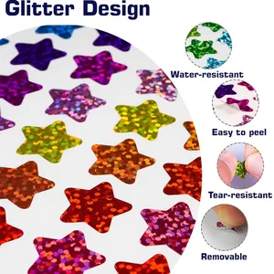 Close-up showing water-resistant and tear-resistant holographic glitter star stickers.