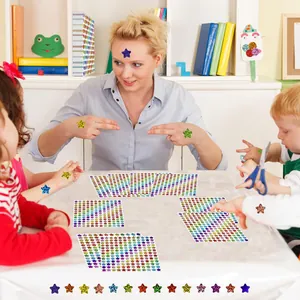 Teacher and children interact with colorful holographic laser star stickers in a bright classroom