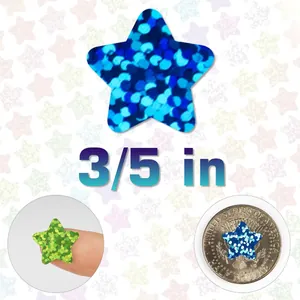 Detailed view of holographic star stickers showing 3/5 inch size comparison with coin