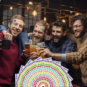Colorful holographic laser star stickers shown being used by friends at a festive party scene.