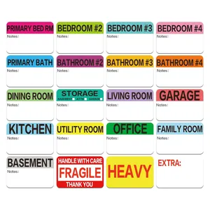Juego de 20 etiquetas de colores para cajas de mudanza dormitorio cocina y frágiles