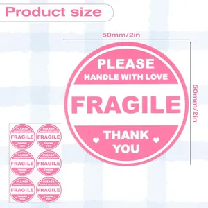 Detailed view of pink Fragile handle with love shipping labels with 50mm size dimensions