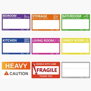 Detailed view of color-coded moving labels for bedroom, kitchen and storage