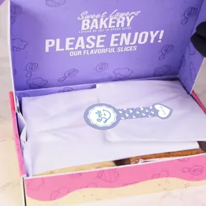 Detail view of a blue cartoon smiley face long strip sealing sticker on a bakery box