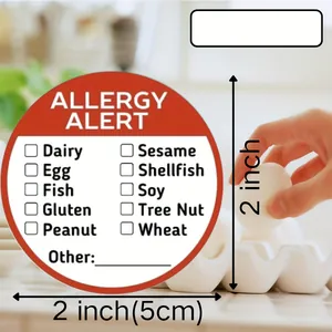 Dettaglio dell'adesivo di allerta allergia da 2 pollici con elenco di 10 allergeni e spazio