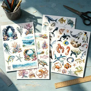 Set of watercolor marine life stickers with corals, sea animals for DIY scrapbooking decor