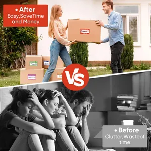 Comparison view of color-coded moving labels on cardboard boxes for organization.