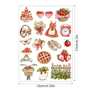 Full layout detail of strawberry theme stickers with 12x17cm precise dimension markings