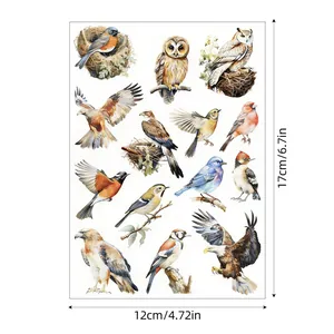 Detailansicht von Aquarell-Vogelaufklebern mit Größenangaben für DIY-Bastelarbeiten.