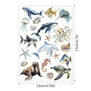 Watercolor sea life stickers sheet featuring whales and turtles with 12x17cm size info