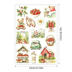 Detail view of a watercolor strawberry sticker sheet with dimensions 12cm by 17cm.