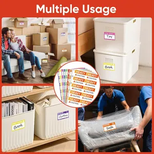 Detailed view of color-coded moving labels used on boxes and storage bins for home organization.
