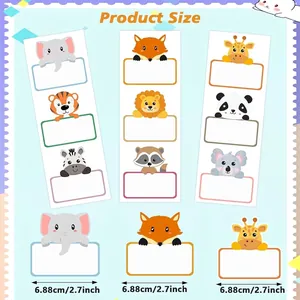 Detailed product size info for cute animal themed self-adhesive name label stickers