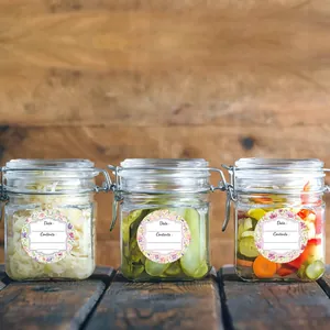 Macro detail of decorative floral round waterproof stickers for glass food storage jars