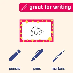 Detail of star pattern name label sticker showing compatibility with pens and markers