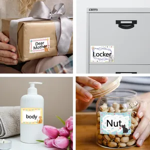 Close-up detail of writable animal name labels applied to various lifestyle scenarios