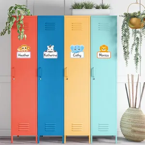 Writable animal name stickers with colorful borders on lockers for school organization
