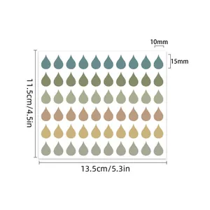 Dimensioni dettagliate adesivi a goccia colorati per organizzazione cartelle e etichettatura.
