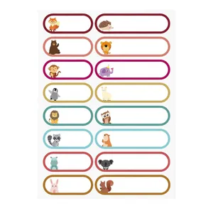 Foglio di 16 etichette adesive colorate con animali e spazio per scrivere nomi bimbi.
