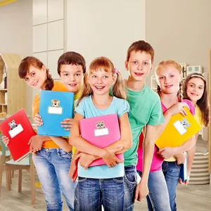 Kids holding colorful folders with cartoon animal name label stickers for school
