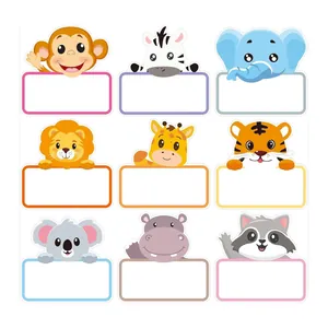 Cute cartoon animal name stickers with writable blank colored frames for school kids.