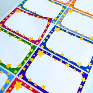 Close-up of colorful cartoon star name labels for school desk and file organization