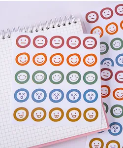 Detailed view of Morandi colored emotion face stickers placed on a grid notebook page