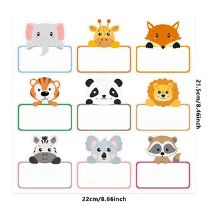 Set of cartoon animal name label stickers with size dimensions for school supplies