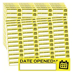 Yellow rectangular 'Date Opened' stickers with calendar icon and white writing area