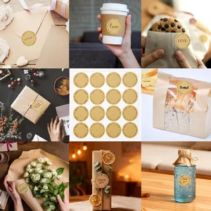 Detailed view of kraft paper stickers used for gift sealing and packaging decoration.