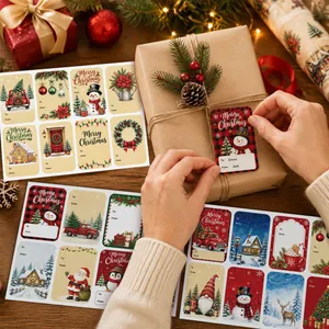 Etiquetas navideñas para regalos To From con ilustraciones de muñeco de nieve y Papá Noel.