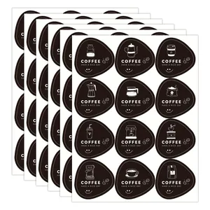 Detailed view of 12 black coffee cup stickers with various brewing equipment icons