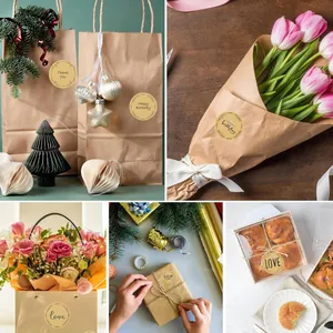 Detail showing round kraft paper adhesive labels on various gift packaging and flowers