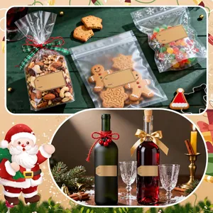 Decorative Christmas To From gift label stickers applied to snack bags and wine bottles