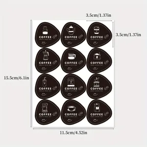Dimensions of 12 black coffee cup decorative stickers with white icons and text