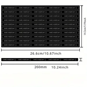 Detail view showing dimensions of black long sealing stickers with Have A Nice Day text