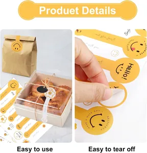 Close-up of yellow smiley face baking stickers showing easy tear off feature on food packaging