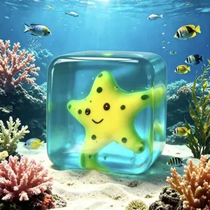 Close-up of a glowing yellow starfish fidget toy inside a translucent blue cube underwater.
