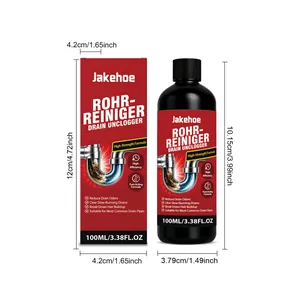 Afmetingen en verpakkingsdetails van JAKEHOE afvoerreiniger 100ml vloeibare reiniger.