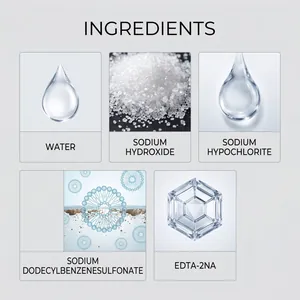Infographic met chemische ingrediënten zoals natriumhydroxide voor afvoerreiniger.