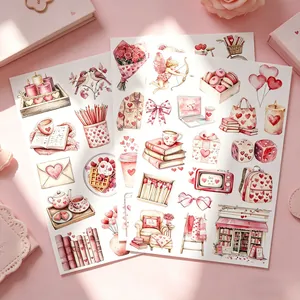 Detail van drie vellen roze stickers met aquarelle thema voor Valentijnsdag