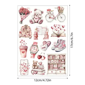 Roze aquarel stickerblad met harten en beren illustraties voor DIY scrapbooking 12x17cm