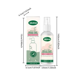 Detailed view of Jakehoe breast pump cleaner spray bottle and box with dimensions
